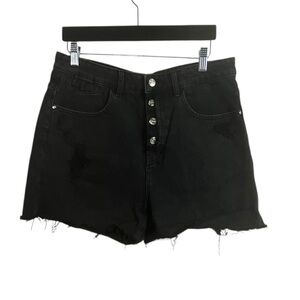 Zara Black Ultra High Rise Button Fly Raw Hem Mom Jeans Shorts